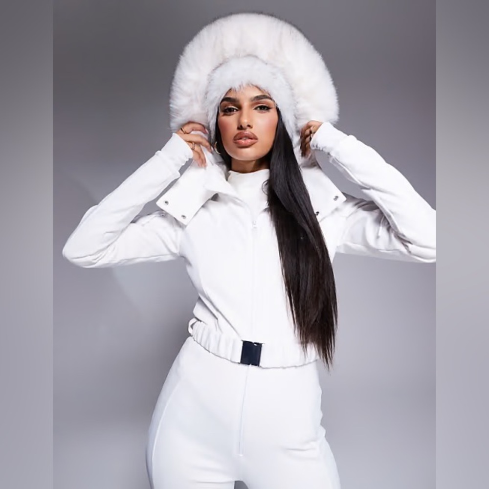ASOS 4505 Belted Ski Suit with Slim Kick Leg and Faux Fur Hood